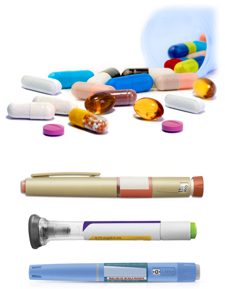 imagen de diversidad de tipos de fármacos antidiabéticos orales e inyectados